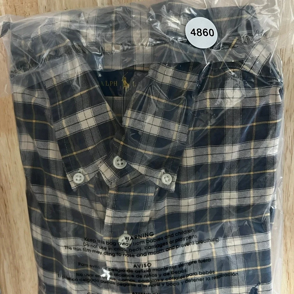 Polo Ralph Lauren‎ Shirt Mens Large Plaid Button Down Navy Tan Yellow Pony